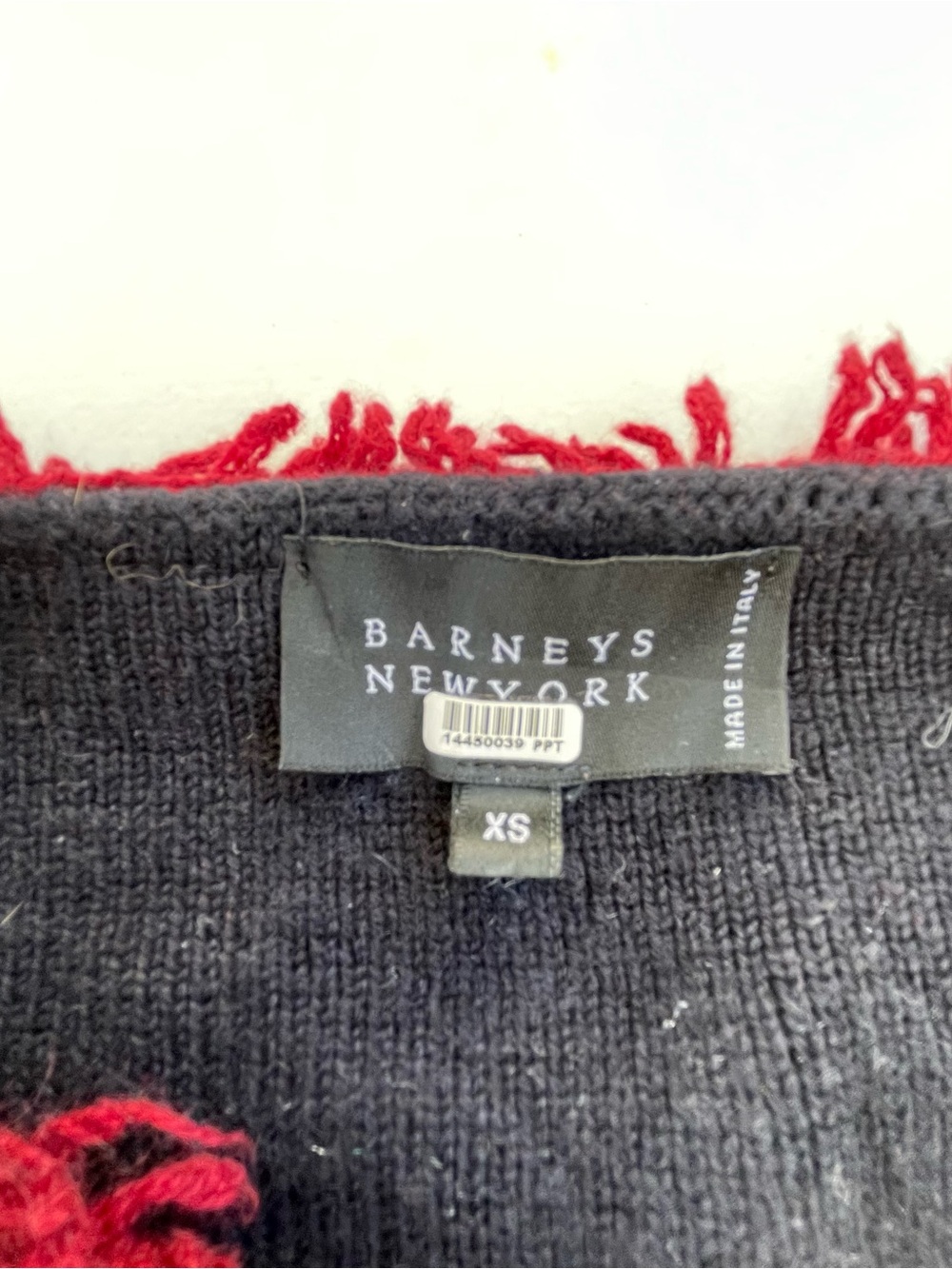 Barneys New York 100% Cashmere Cardigan XS Italy Black Red Fringe Pearl Y2K - Picture 2 of 9